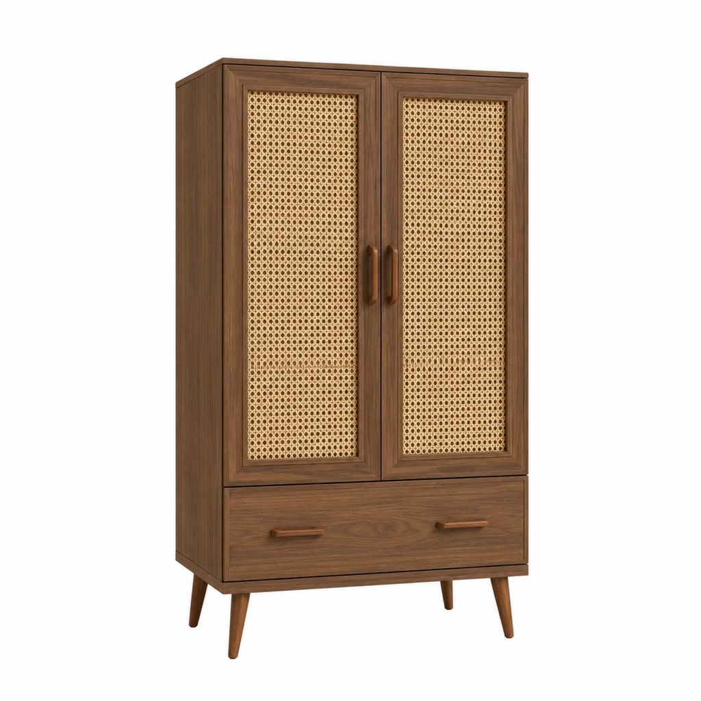 Buffet haut rectangulaire 2 portes 1 tiroir brun noyer MDF plaqué noyer cannage rotin 80 x 40 x 150 cm