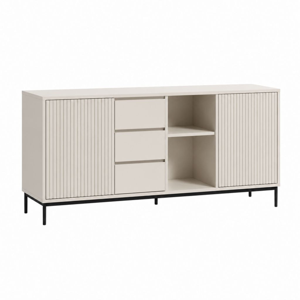 Buffet de salle à manger beige en MDF rectangulaire 160 x 40 x 80 cm avec 2 portes 3 tiroirs et niches ouvertes