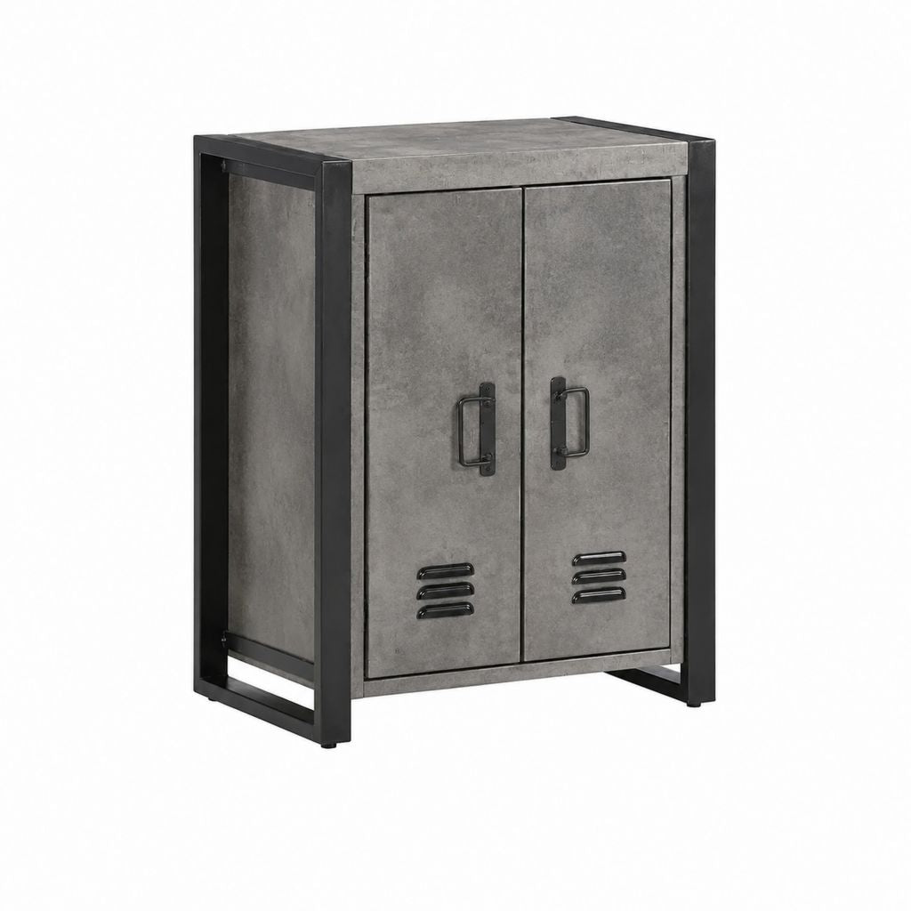 Buffet de rangement 2 portes gris béton et acier noir 80 x 40 x 100 cm