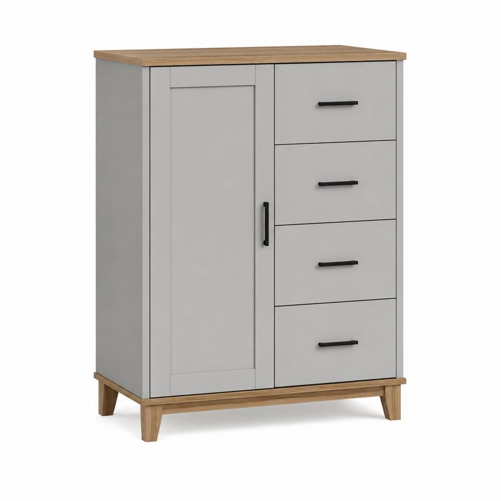 Buffet de rangement rectangulaire gris et chêne en MDF 100 x 40 x 120 cm avec 1 porte et 4 tiroirs
