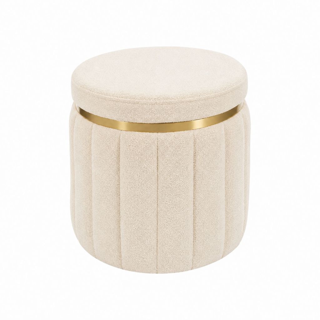 Pouf repose-pieds coffre rond en polyester bouclette beige et acier inoxydable doré Ø40 x H45 cm