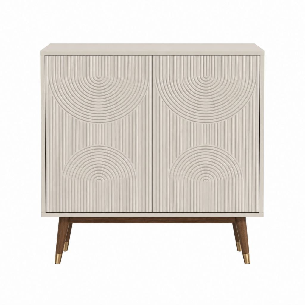 Buffet 2 portes beige en MDF avec pieds en hévéa massif 100 x 45 x 120 cm