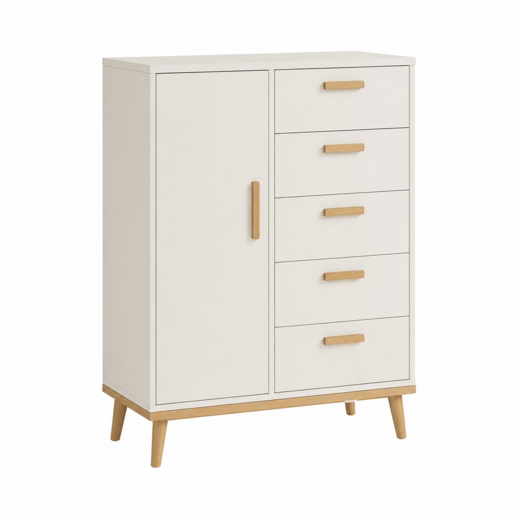 Buffet de rangement rectangulaire blanc en panneaux de particules avec 1 porte et 5 tiroirs 80 x 40 x 120 cm