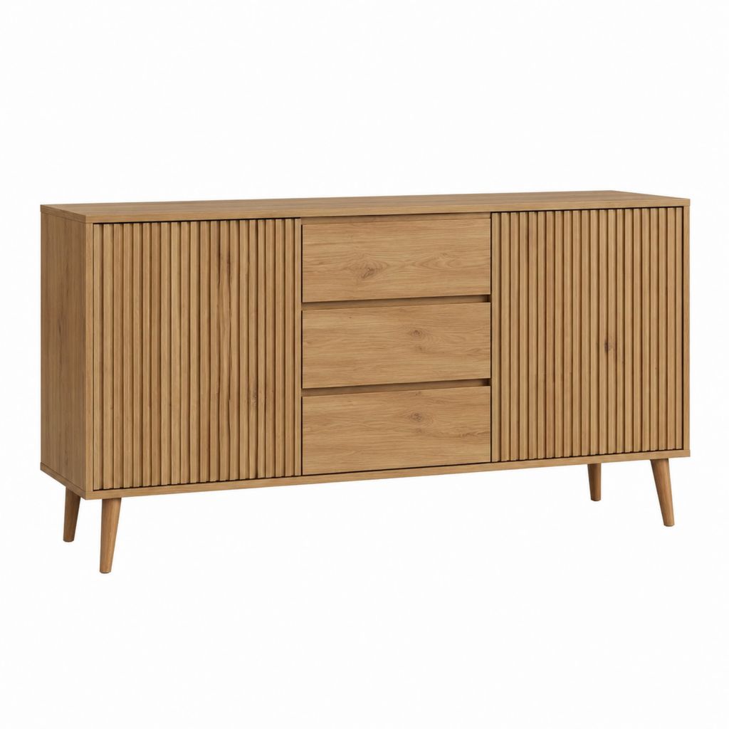 Buffet 2 portes 3 tiroirs en chêne naturel 160 x 40 x 80 cm