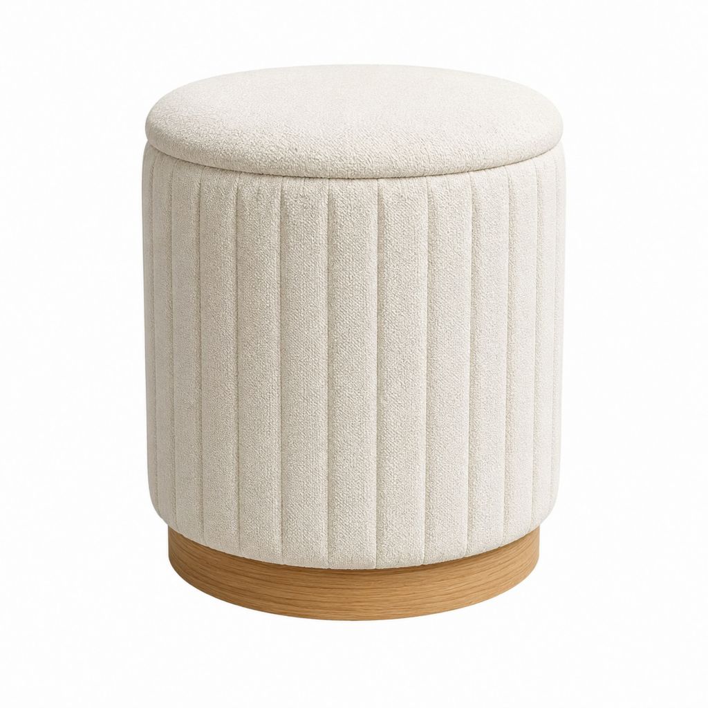 Pouf repose-pieds rond écru en polyester bouclé avec base décor chêne 40 x 45 cm