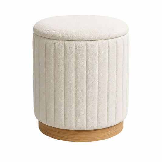 Pouf repose-pieds rond écru en polyester bouclé avec base décor chêne 40 x 45 cm
