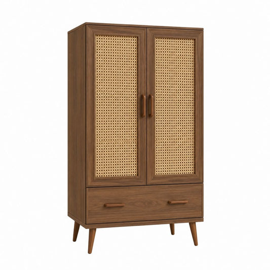 Buffet haut rectangulaire 2 portes 1 tiroir brun noyer MDF plaqué noyer cannage rotin 80 x 40 x 150 cm