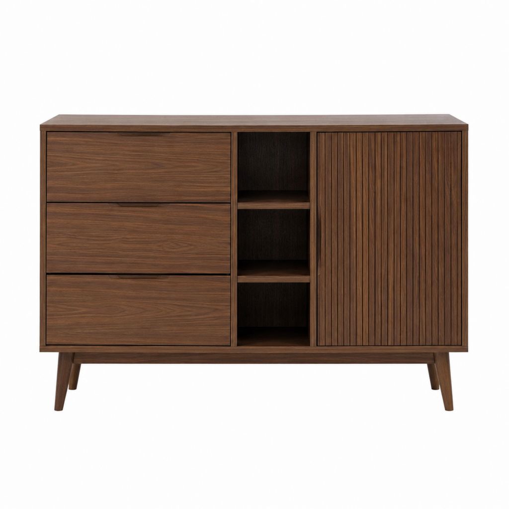 Buffet de salle à manger noyer en MDF plaqué rectangulaire avec 3 tiroirs 1 porte et étagères 150 x 40 x 100 cm