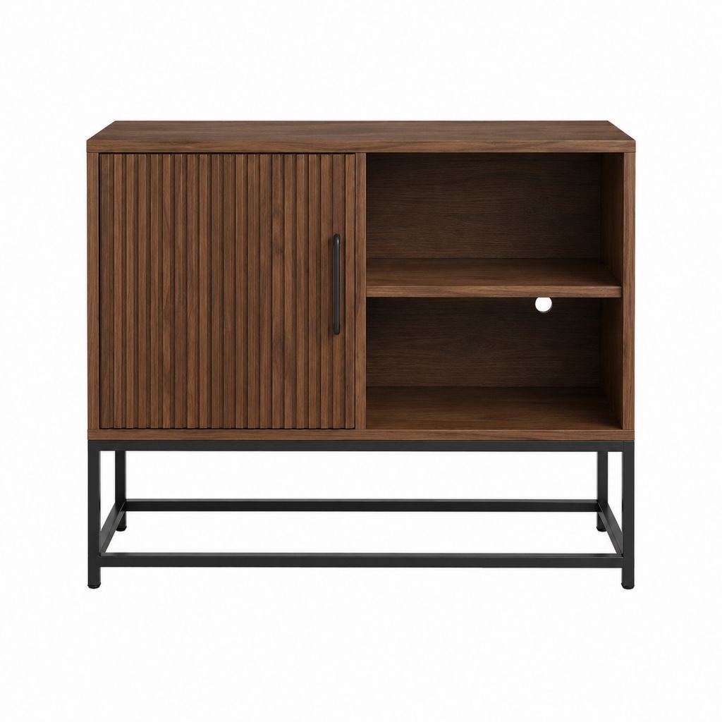 Buffet de salle à manger marron noyer en MDF plaqué avec piètement en acier noir 100 x 40 x 100 cm