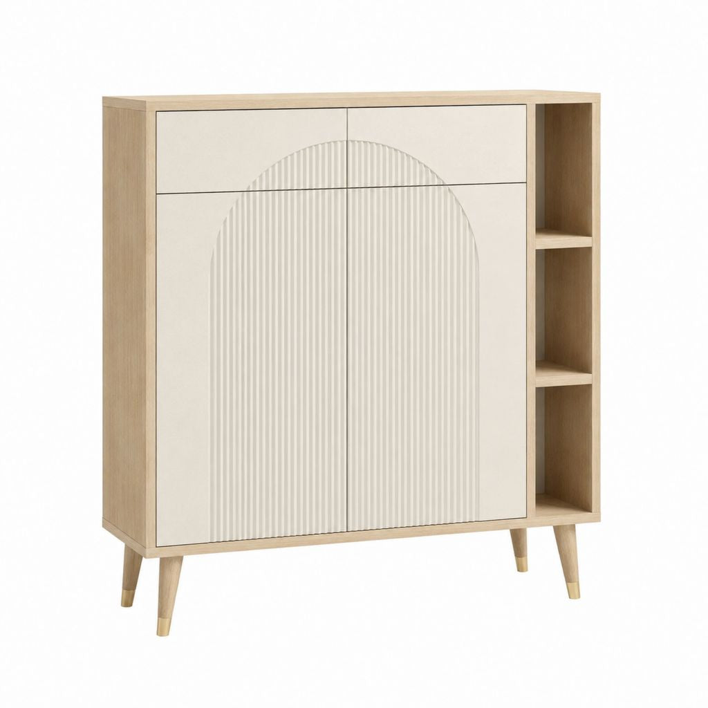Buffet de rangement rectangulaire chêne clair et blanc en panneaux mélaminés 120 x 40 x 130 cm