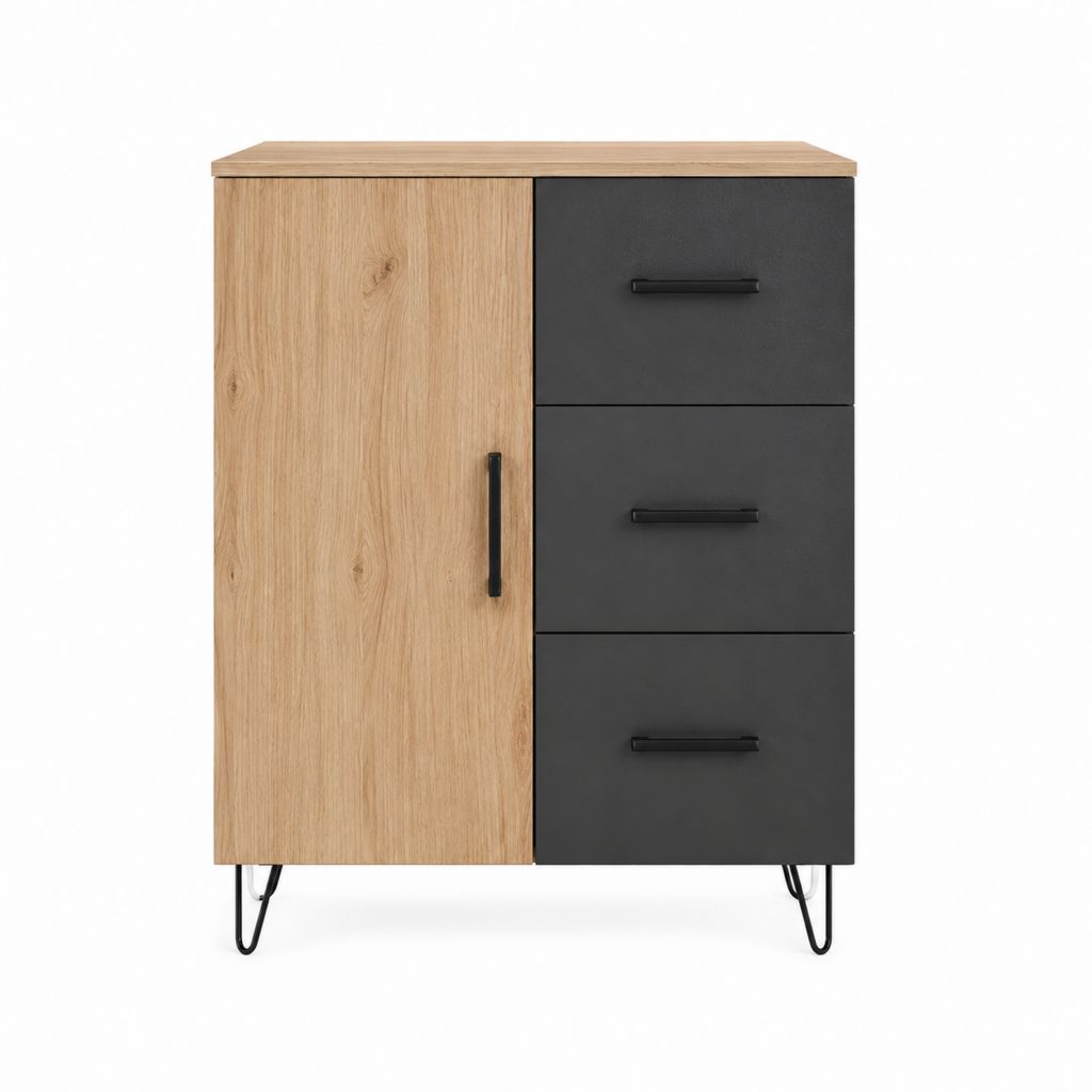 Buffet de rangement rectangulaire chêne clair et noir en panneaux de particules 80 x 40 x 120 cm