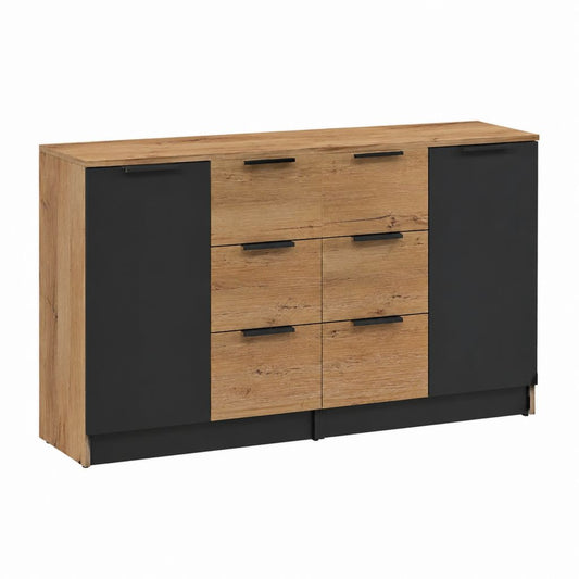 Buffet 2 portes 6 tiroirs chêne artisan et anthracite en panneaux de particules mélaminés 160 x 40 x 90 cm