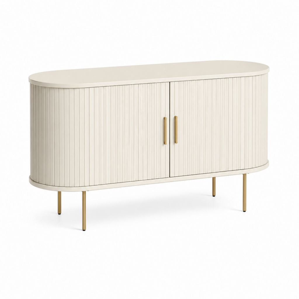 Buffet de salle à manger ivoire en MDF laqué avec portes rainurées et pieds en acier doré 140 x 40 x 80 cm