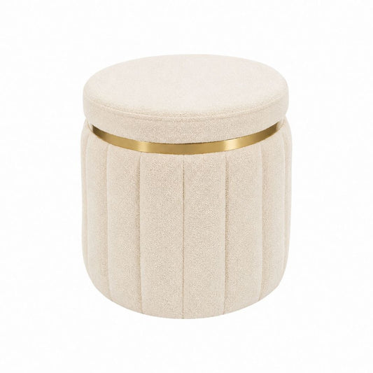 Pouf repose-pieds coffre rond en polyester bouclette beige et acier inoxydable doré Ø40 x H45 cm