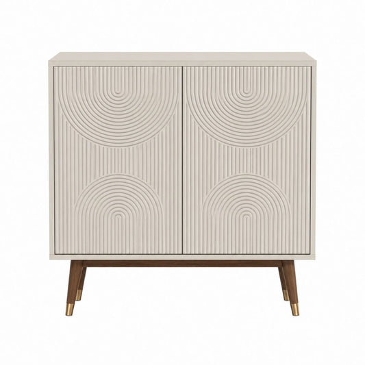Buffet 2 portes beige en MDF avec pieds en hévéa massif 100 x 45 x 120 cm