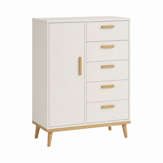Buffet de rangement rectangulaire blanc en panneaux de particules avec 1 porte et 5 tiroirs 80 x 40 x 120 cm