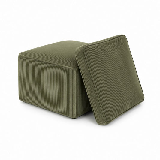 Repose-pieds carré avec coussin amovible vert olive en velours côtelé de polyester 50 x 50 x 40 cm