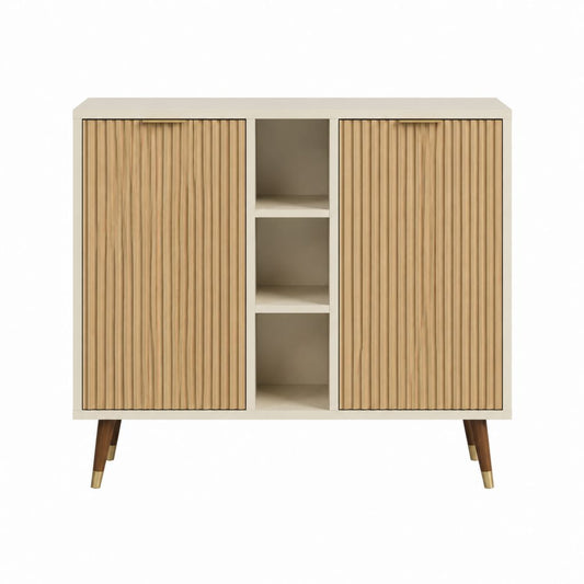 Buffet haut à 2 portes coulissantes beige et chêne en MDF 120 x 40 x 120 cm