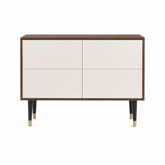 Buffet 4 portes blanc cassé et noyer en MDF plaqué rectangulaire 120 x 40 x 80 cm