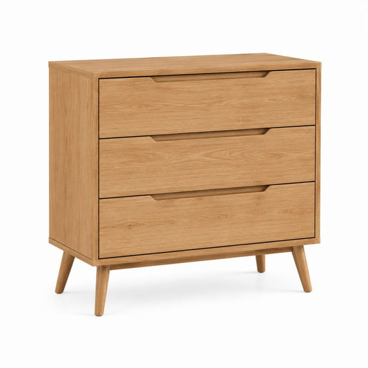 Commode basse 3 tiroirs en MDF plaqué chêne naturel rectangulaire 80 x 40 x 85 cm