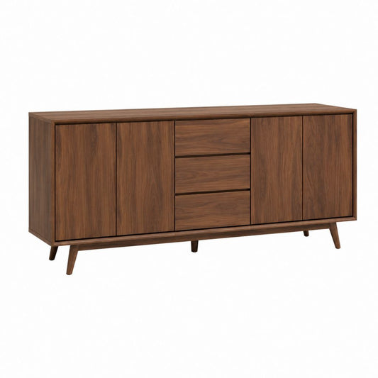 Buffet de salle à manger marron en MDF plaqué noyer 4 portes 3 tiroirs 180 x 45 x 80 cm