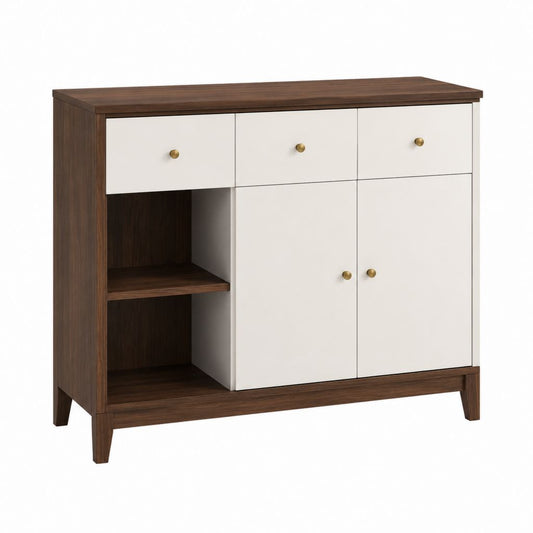 Buffet rectangulaire 3 tiroirs 2 portes noyer et blanc en panneaux MDF 120 x 40 x 100 cm